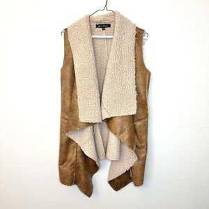 Hot and Delicious Faux Leather Waterfall Front Sherpa Lined Vest Brown Medium
